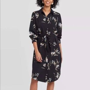 Black Long Sleeve Buttoned Belted Floral Dress